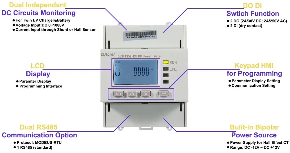 Dual Circuits DC Power Meter with Hall Sensor Splitter for EV Charger