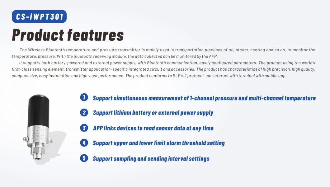 CS-Iwpt301 Wireless Temperature and Pressure Sensor 1%F. S Bluetooth 4.2 IP65 0~400kpa...100MPa 8~30VDC 3.6VDC