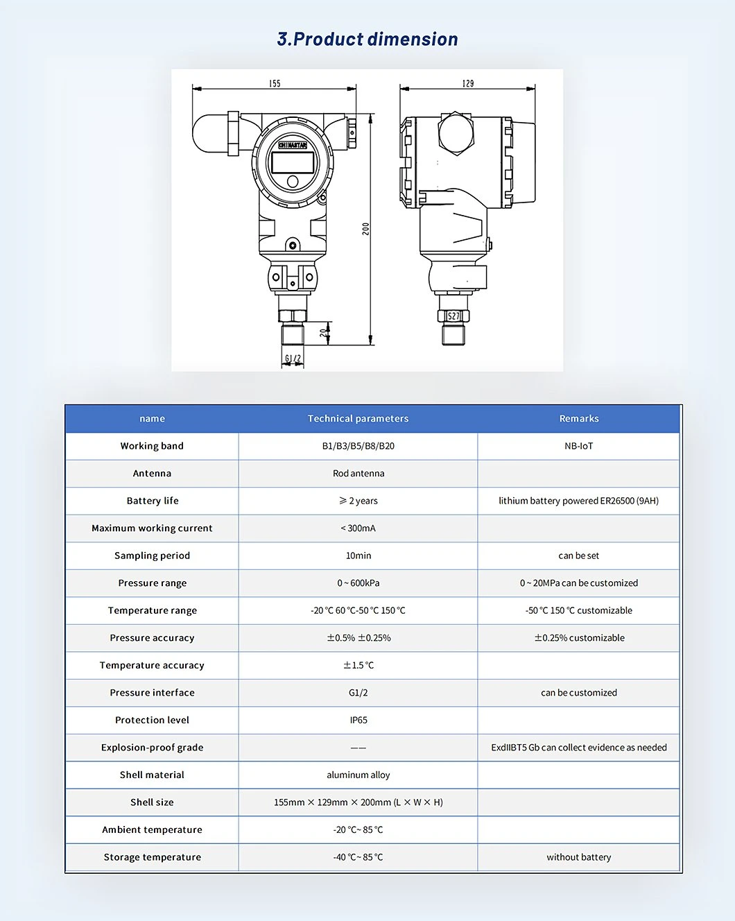 Explosion Proof Lithium Battery Power Remote Control Customized Wireless Temperature Combining Pressure Transducer