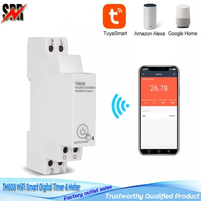 Modello TM608 Timer e misuratore digitale monofase intelligente WiFi da 18 mm (telecomando Programmatore di interruttori di controllo della luce intelligente WiFi con monitoraggio energetico CA 110 V 220 V 16 A)